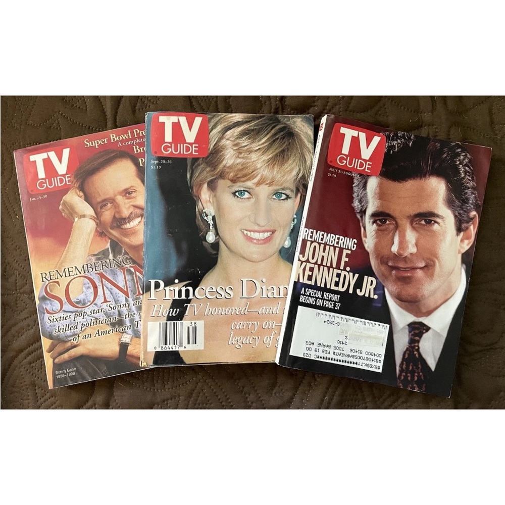 TV Guide Lot Of 3 SONNY BONO PRINCESS DIANA & JOHN KENNEDY JR Iconic celebrity